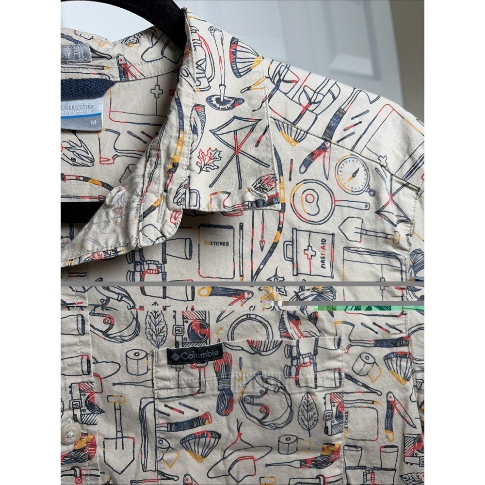 Columbia Rapid Rivers Printed Shirt Mens Size M Beige Camping Gear Cotton Blend - Picture 5 of 7